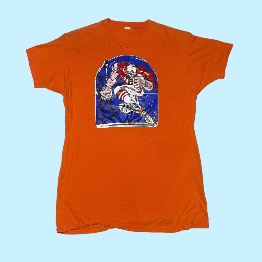 Vintage Roach Football Graphic T-Shirt Orange Single Stitch 70s 80s Distressed
